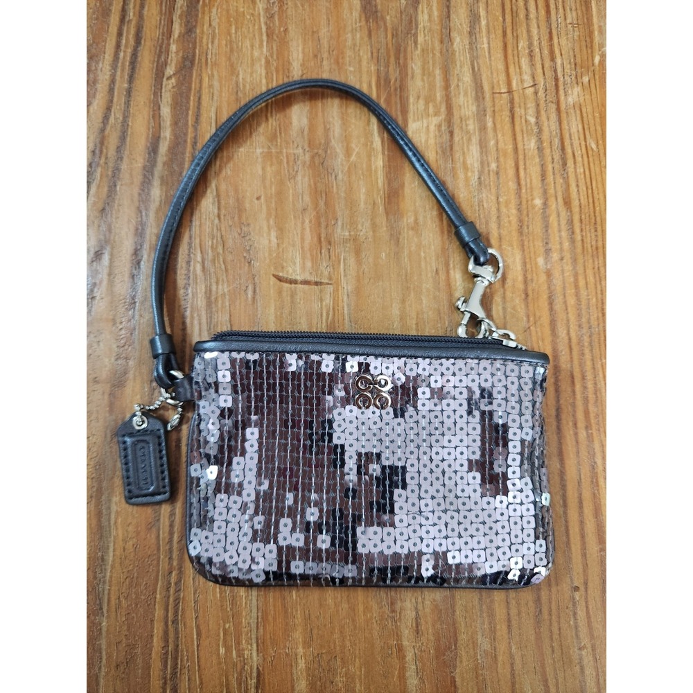 Coach Sequin Gunmetal Leather Trim Silver Small‎ Wristlet Charm Zip Party Glam